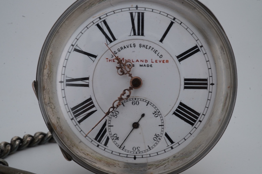 A late 19th century Swiss 935 standard white metal open faced 'The Midland Lever' key wind pocket watch, retailed by J.G. Graves, Sheffield, with Roman dial and subsidiary seconds, case diameter 52mm, together with a sil